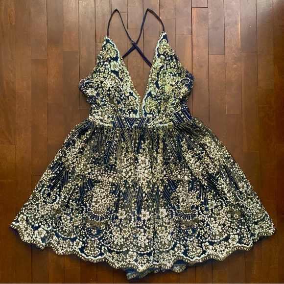 Luxxel Backless Sequin Mini Dress | Blue and Gold  | Size M - Picture 6 of 14